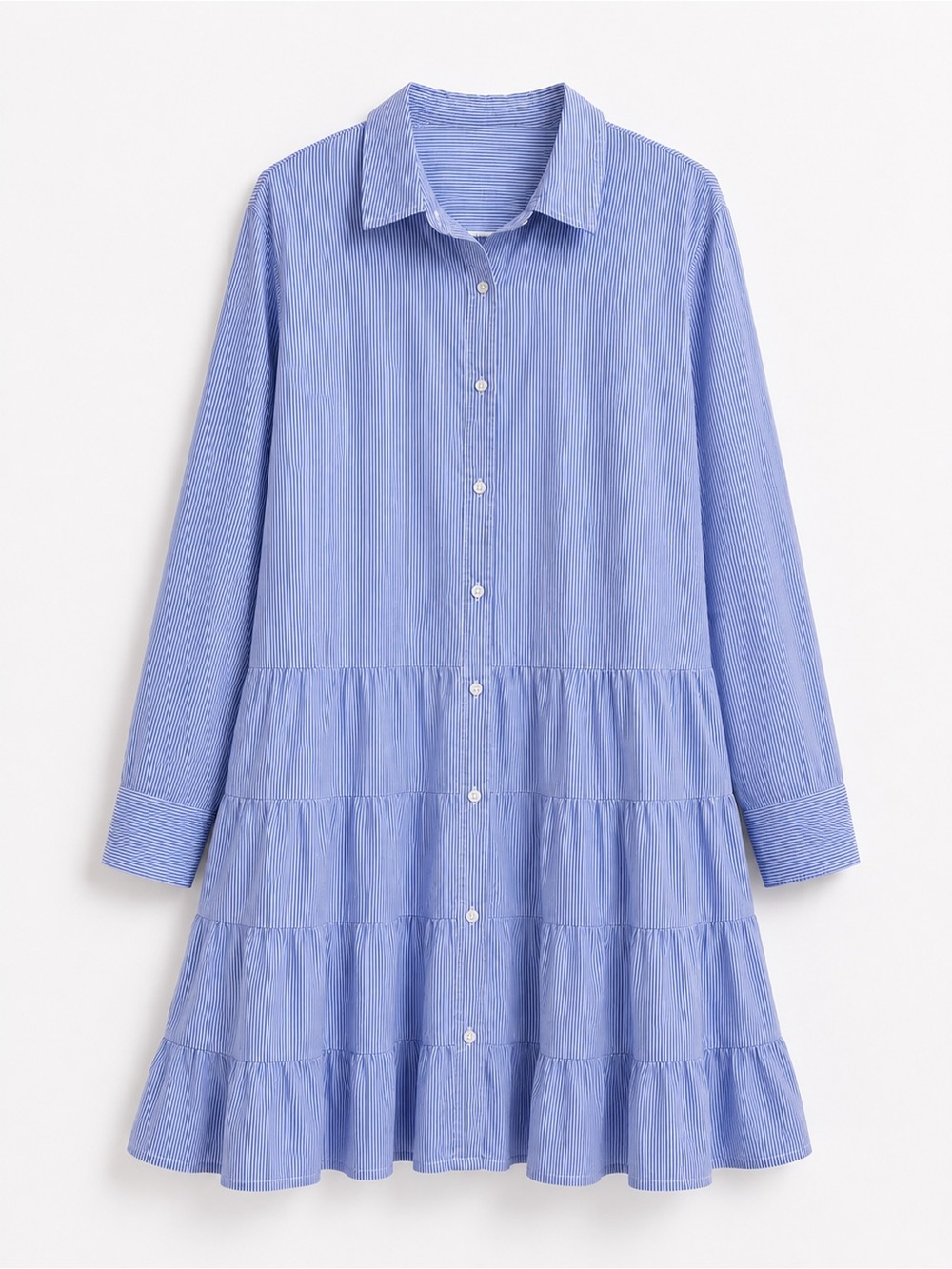 Striped Blue Tiered Button-Front Shirt Dress